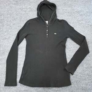 Lacoste Shirt Womens 40 Black Cotton Hooded Henley Waffle Long Sleeve Pockets
